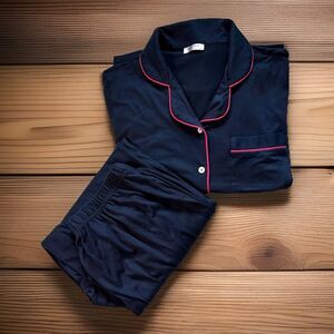 Ekouaer Navy Blue Pajamas Set Button Short Sleeve Elastic Bottoms Size Medium
